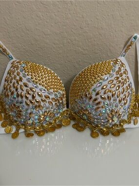Handmade White & Gold Rhinestone Belly Dance Costume Bra 75C